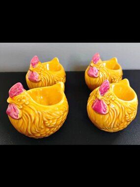 Vintage Mustard Yellow Ceramic Figural Rooster Egg Cups - Set of 4